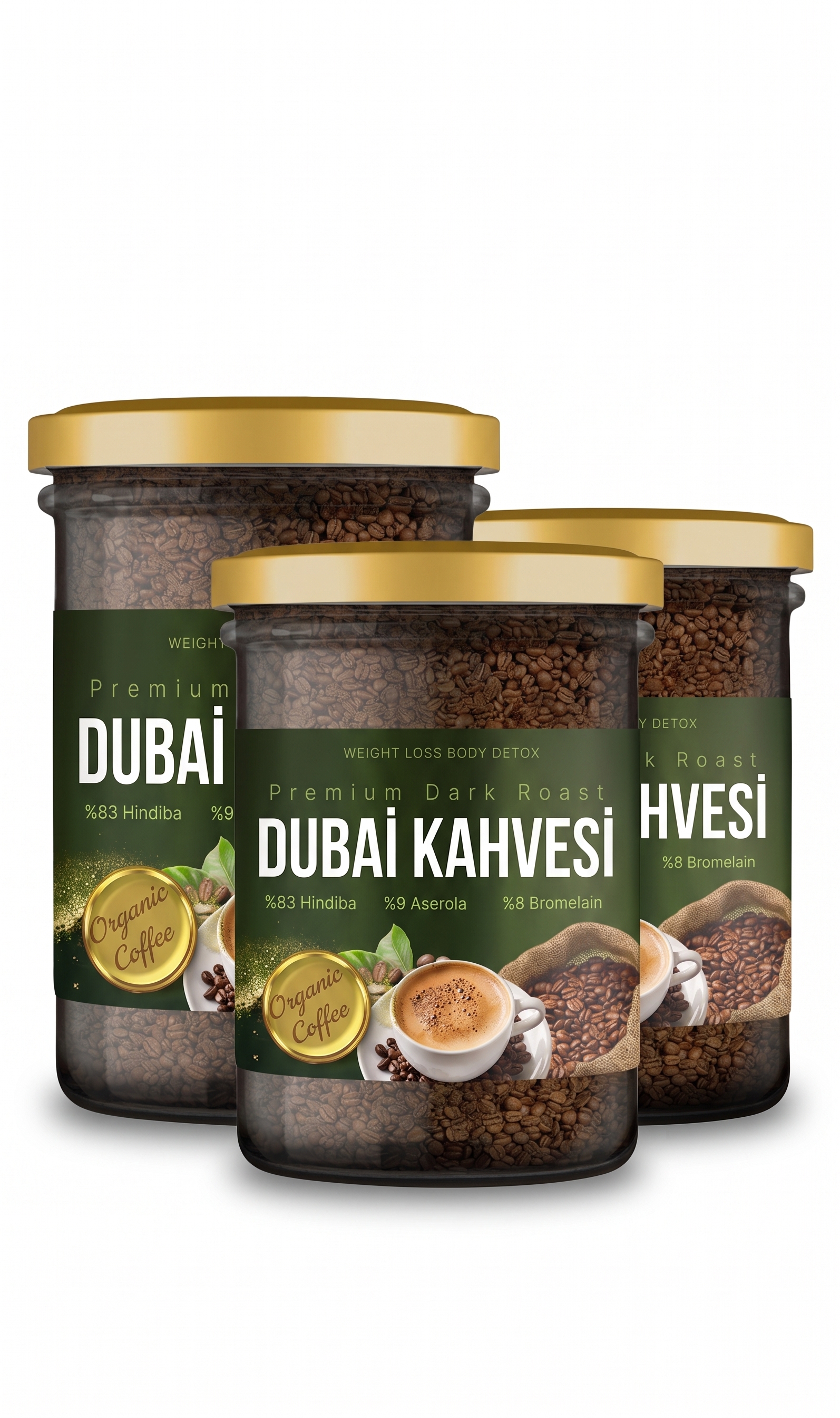 Dubai Kahvesi özel ambalajı, taze demlenmiş fincan kahve ve kavrulmuş kahve çekirdekleri